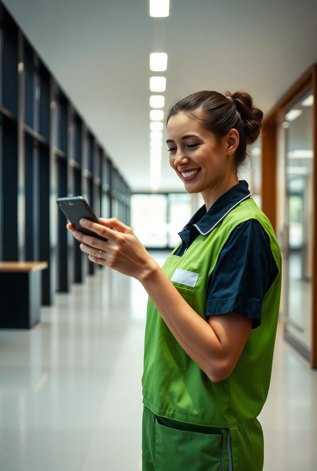 Office cleaner checking her shifts on the Crew app between rounds