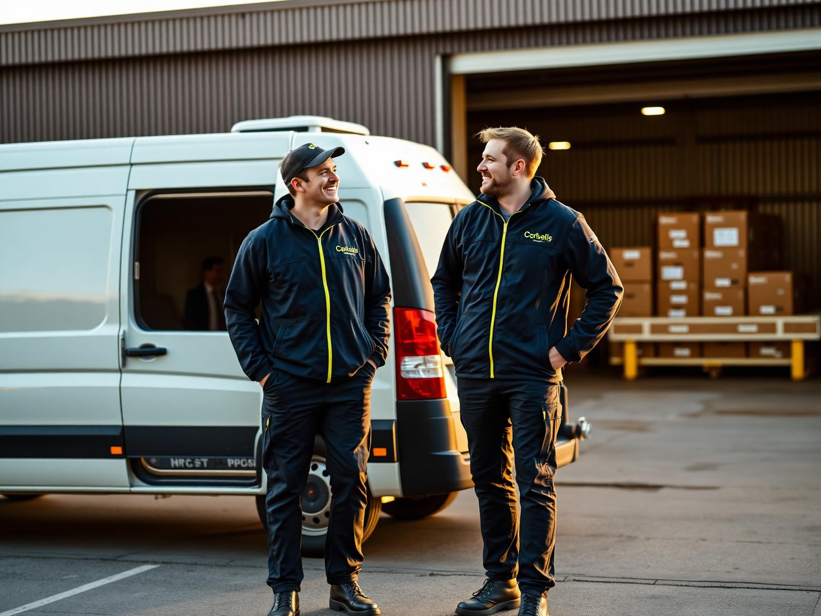 Two delivery drivers laughing next to a van at a depot loading bay