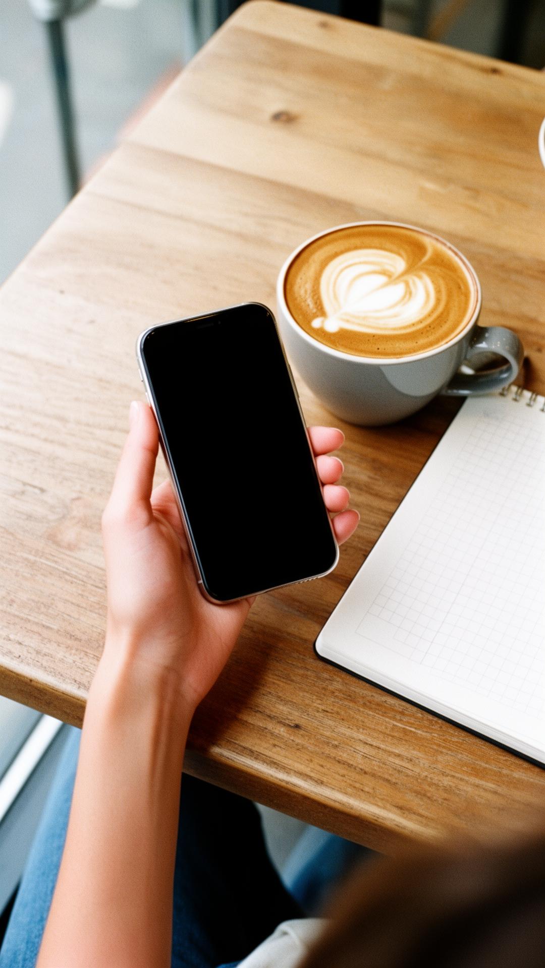 Crew member checking her shifts on the Crew app in a cafe
